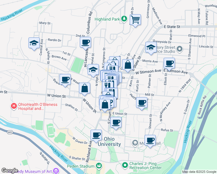 map of restaurants, bars, coffee shops, grocery stores, and more near 30 North Court Street in Athens