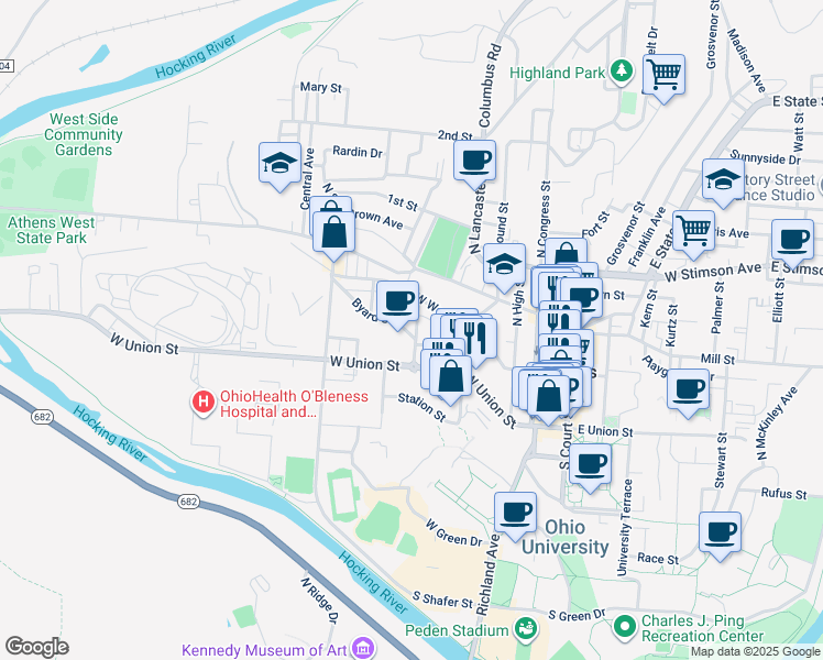 map of restaurants, bars, coffee shops, grocery stores, and more near 46 Smith Street in Athens