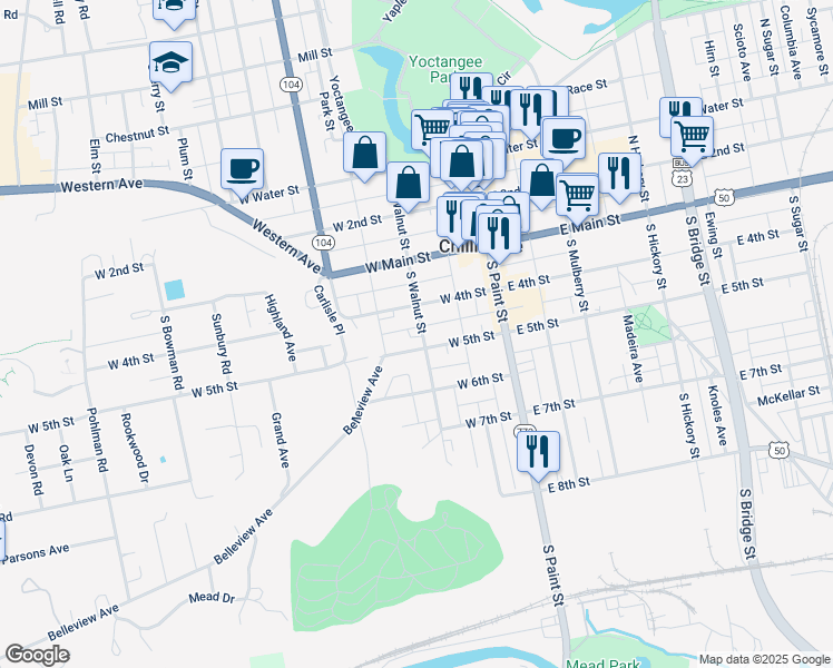 map of restaurants, bars, coffee shops, grocery stores, and more near 106 South Walnut Street in Chillicothe