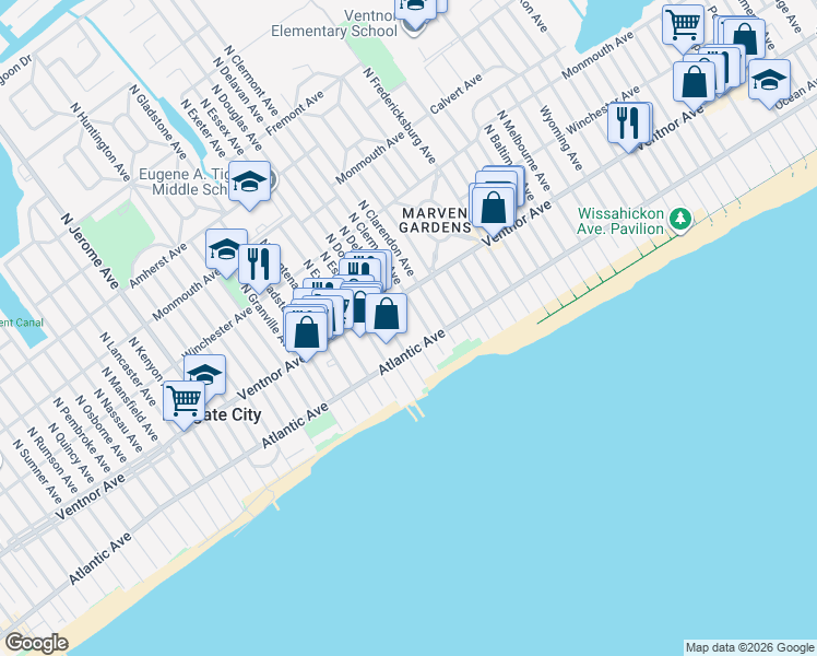 map of restaurants, bars, coffee shops, grocery stores, and more near 7701 Atlantic Avenue in Margate City