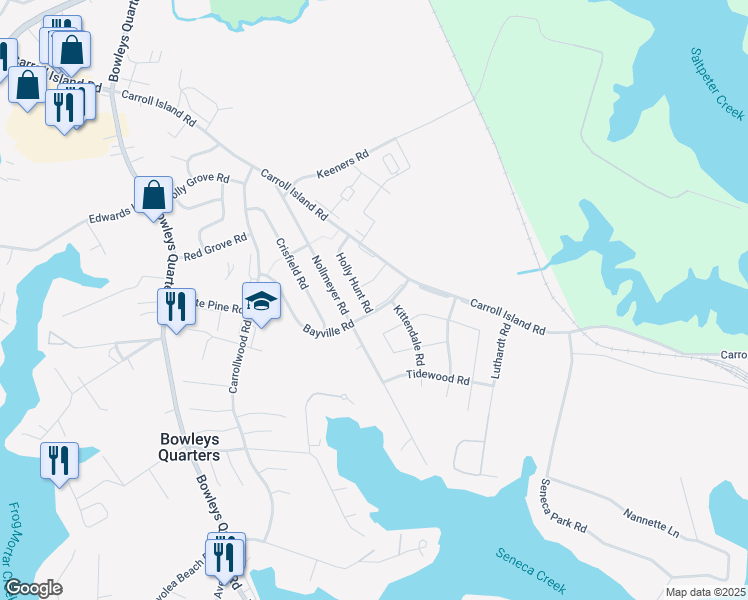 map of restaurants, bars, coffee shops, grocery stores, and more near 3906 Bayville Road in Middle River