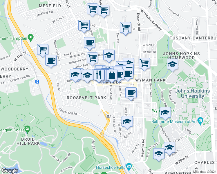 map of restaurants, bars, coffee shops, grocery stores, and more near 3544 Roland Avenue in Baltimore