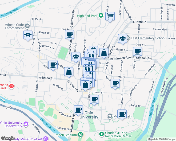 map of restaurants, bars, coffee shops, grocery stores, and more near 30 North Court Street in Athens