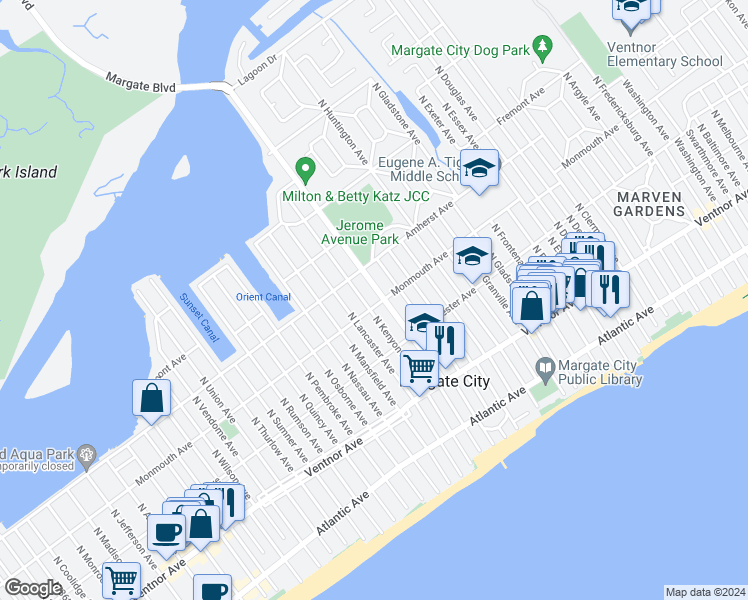 map of restaurants, bars, coffee shops, grocery stores, and more near 8401 Monmouth Avenue in Margate City