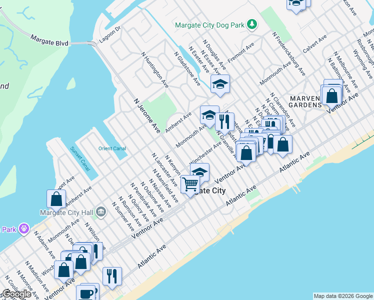 map of restaurants, bars, coffee shops, grocery stores, and more near 105 North Jerome Avenue in Margate City