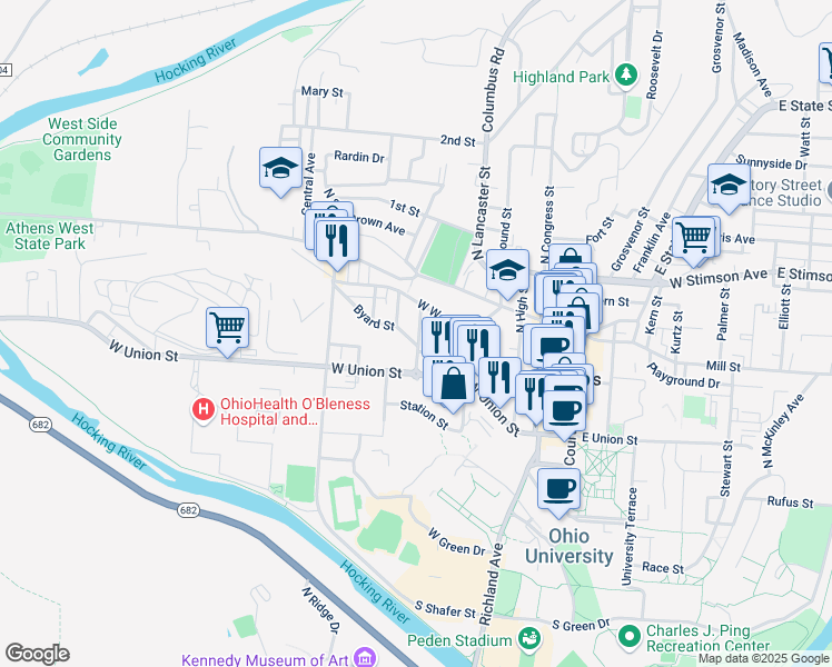 map of restaurants, bars, coffee shops, grocery stores, and more near 46 Smith Street in Athens