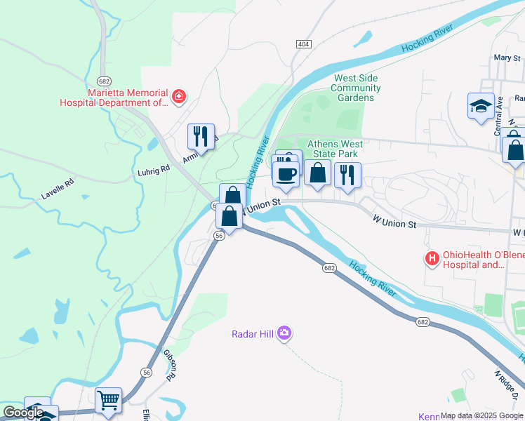 map of restaurants, bars, coffee shops, grocery stores, and more near 9039 South Plains Road in Athens