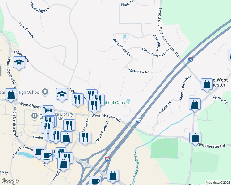 map of restaurants, bars, coffee shops, grocery stores, and more near 8903 Eagleview Drive in Beckett Ridge