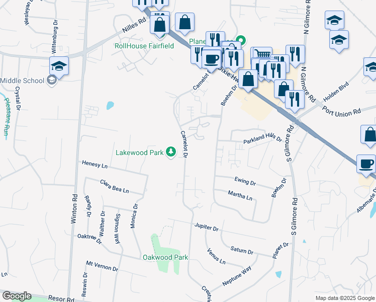 map of restaurants, bars, coffee shops, grocery stores, and more near 5380 Camelot Drive in Fairfield
