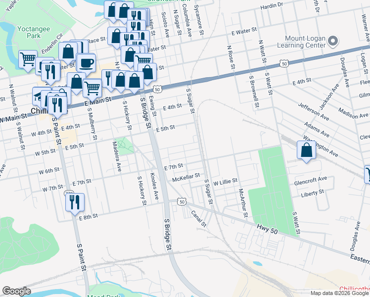 map of restaurants, bars, coffee shops, grocery stores, and more near 359 Clay Street in Chillicothe