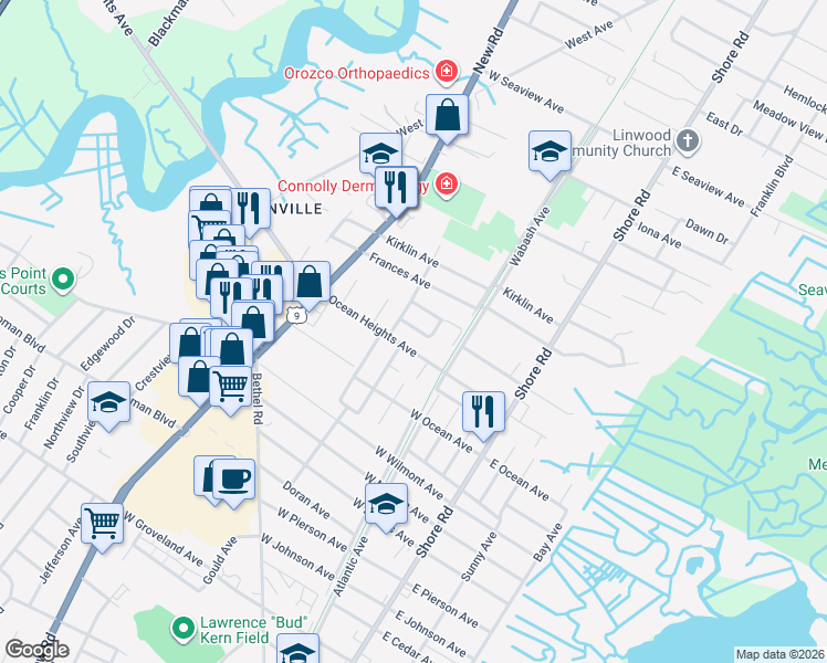 map of restaurants, bars, coffee shops, grocery stores, and more near 110 Buffalo Avenue in Somers Point