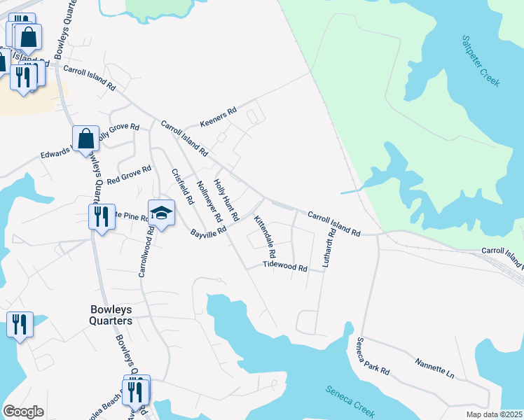 map of restaurants, bars, coffee shops, grocery stores, and more near 3941 Bayville Road in Middle River