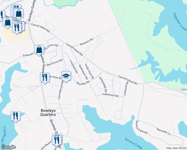 map of restaurants, bars, coffee shops, grocery stores, and more near 43 Salix Court in Middle River