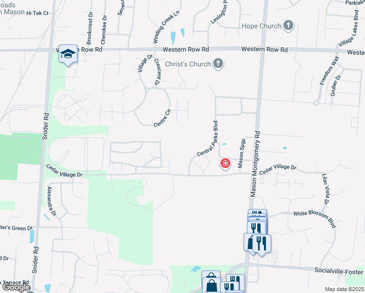 map of restaurants, bars, coffee shops, grocery stores, and more near 7495 Central Parke Boulevard in Mason