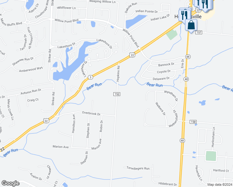map of restaurants, bars, coffee shops, grocery stores, and more near 7173 Hopkins Road in Maineville