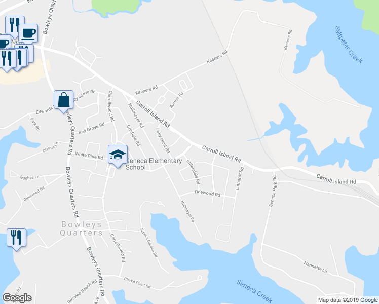 map of restaurants, bars, coffee shops, grocery stores, and more near 25 Clearwater Court in Middle River