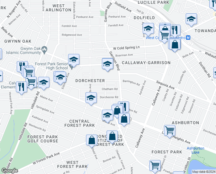 map of restaurants, bars, coffee shops, grocery stores, and more near 3910 Chatham Road in Baltimore