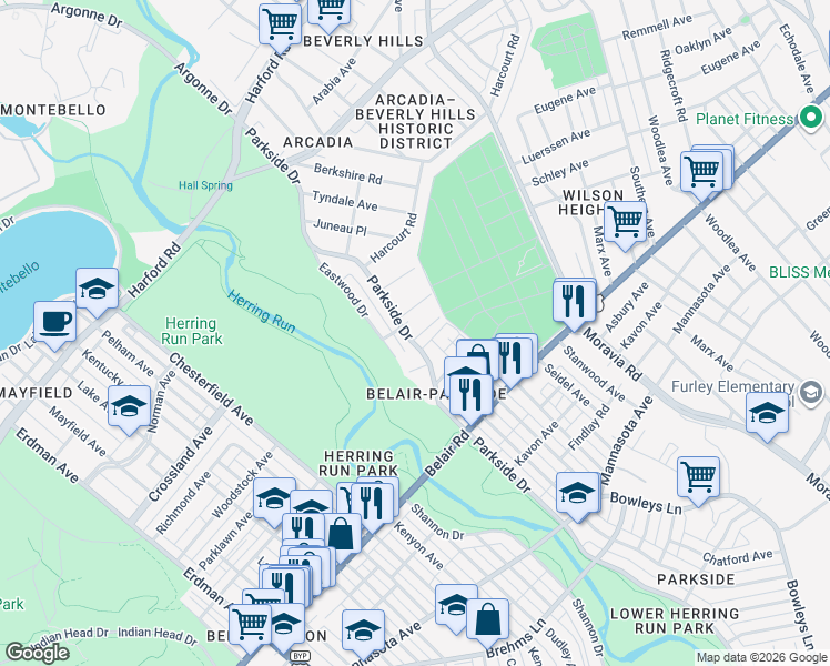 map of restaurants, bars, coffee shops, grocery stores, and more near 3806 Parkside Drive in Baltimore