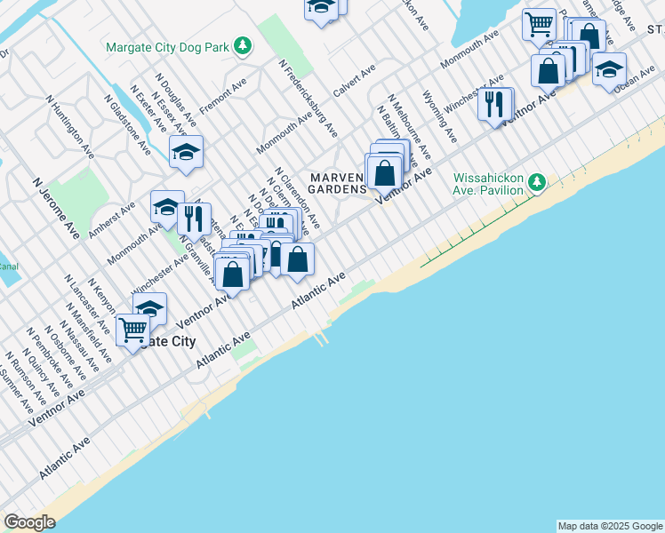 map of restaurants, bars, coffee shops, grocery stores, and more near 103 South Clermont Avenue in Margate City