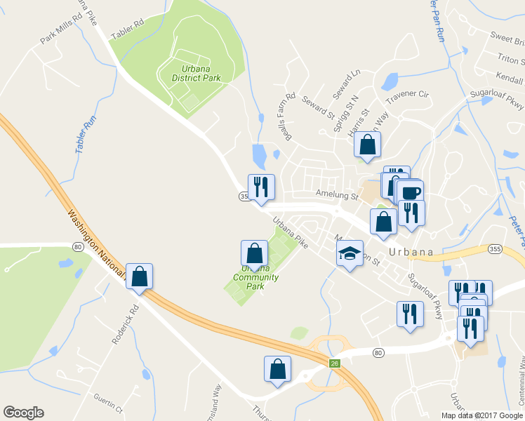 map of restaurants, bars, coffee shops, grocery stores, and more near 3580 Urbana Pike in Frederick