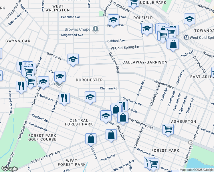 map of restaurants, bars, coffee shops, grocery stores, and more near 3910 Chatham Road in Baltimore