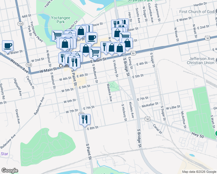 map of restaurants, bars, coffee shops, grocery stores, and more near 162 Madeira Avenue in Chillicothe