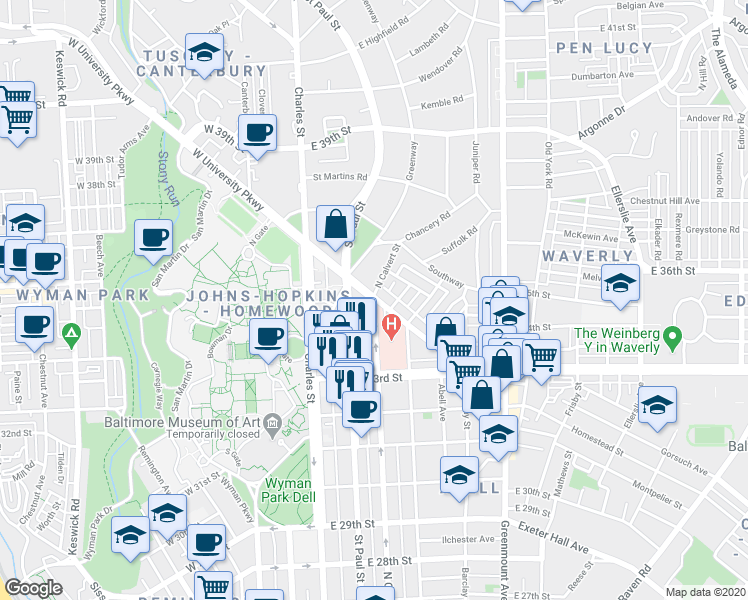 map of restaurants, bars, coffee shops, grocery stores, and more near N Calvert St & E University Pkwy in Baltimore
