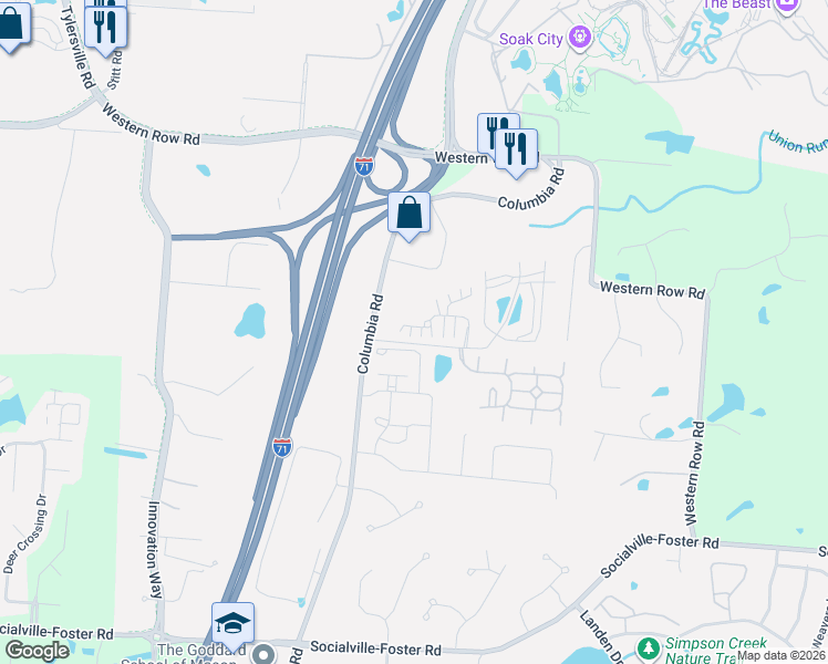 map of restaurants, bars, coffee shops, grocery stores, and more near 7447 Victoria Falls Avenue in Maineville