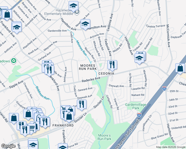 map of restaurants, bars, coffee shops, grocery stores, and more near 5700 Radecke Avenue in Baltimore