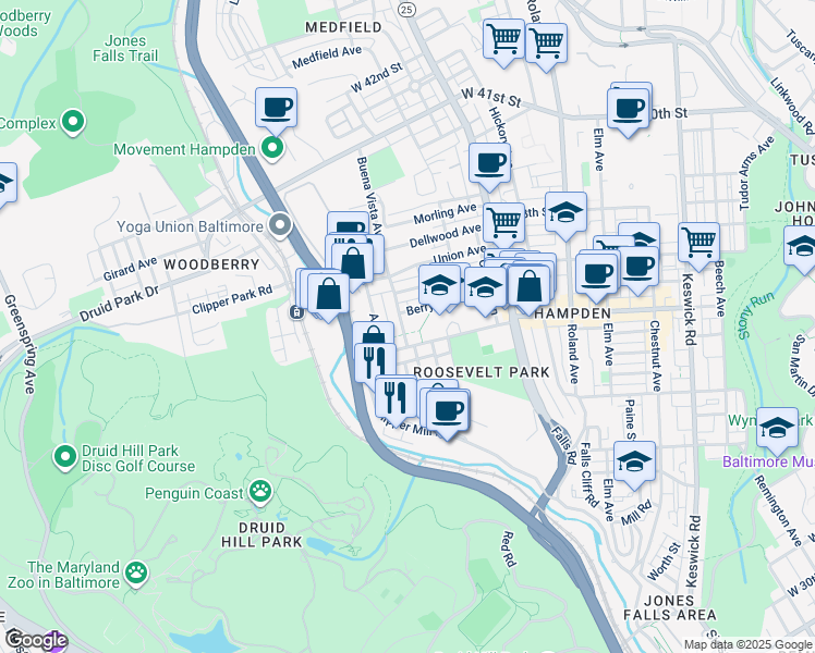 map of restaurants, bars, coffee shops, grocery stores, and more near 3609 Buena Vista Avenue in Baltimore