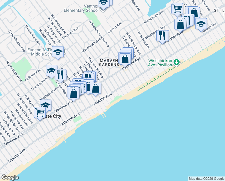 map of restaurants, bars, coffee shops, grocery stores, and more near 103 South Clermont Avenue in Margate City