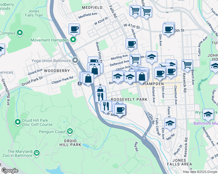 map of restaurants, bars, coffee shops, grocery stores, and more near 3609 Buena Vista Avenue in Baltimore