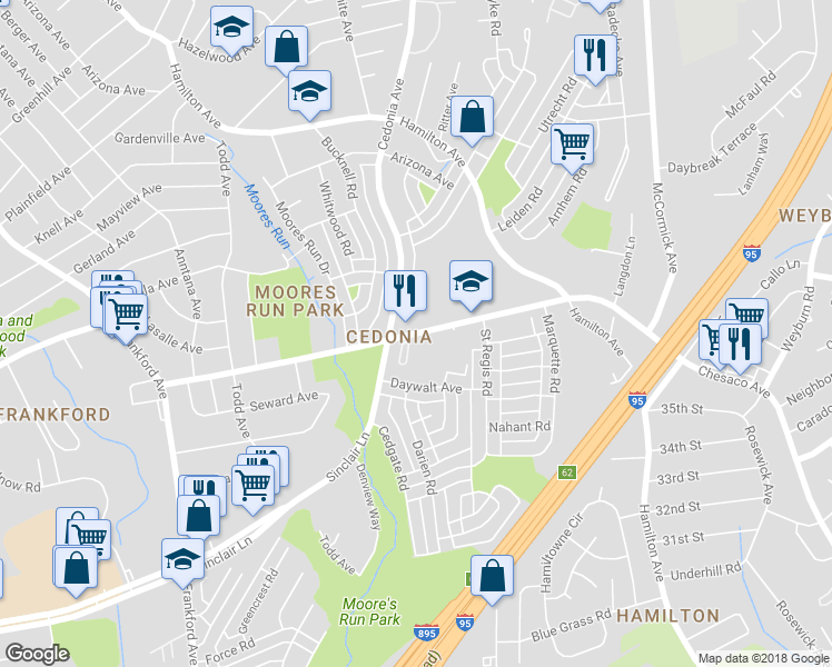 map of restaurants, bars, coffee shops, grocery stores, and more near 5982 Radecke Avenue in Baltimore