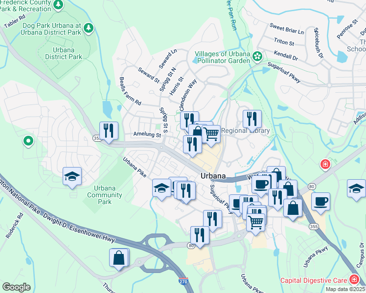 map of restaurants, bars, coffee shops, grocery stores, and more near 9011 Amelung Street in Frederick