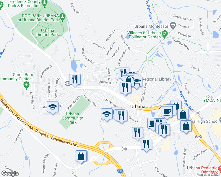map of restaurants, bars, coffee shops, grocery stores, and more near 3579 Worthington Boulevard in Frederick