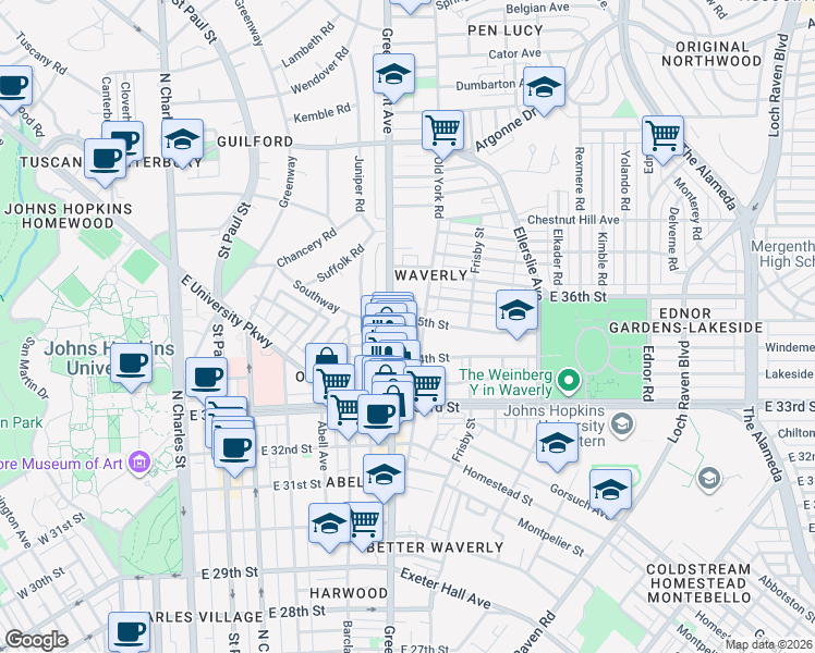 map of restaurants, bars, coffee shops, grocery stores, and more near 509 East 35th Street in Baltimore