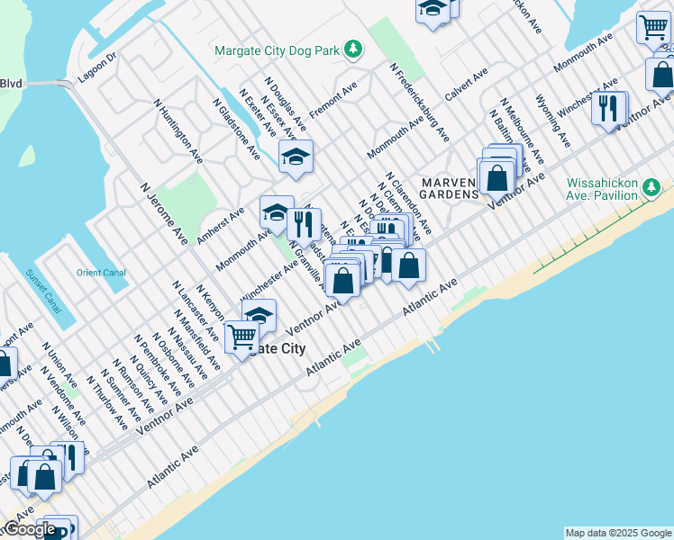 map of restaurants, bars, coffee shops, grocery stores, and more near 15 North Gladstone Avenue in Margate City