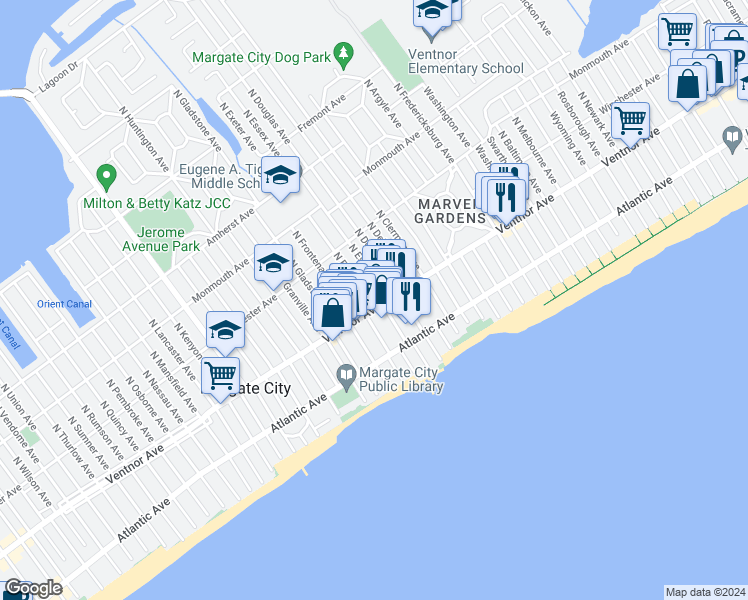 map of restaurants, bars, coffee shops, grocery stores, and more near 4 North Douglas Avenue in Margate City