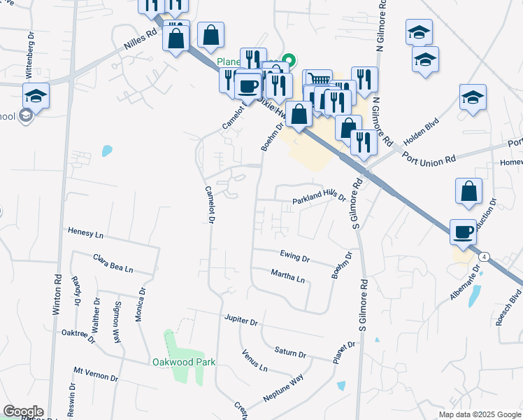 map of restaurants, bars, coffee shops, grocery stores, and more near 5281 Boehm Drive in Fairfield