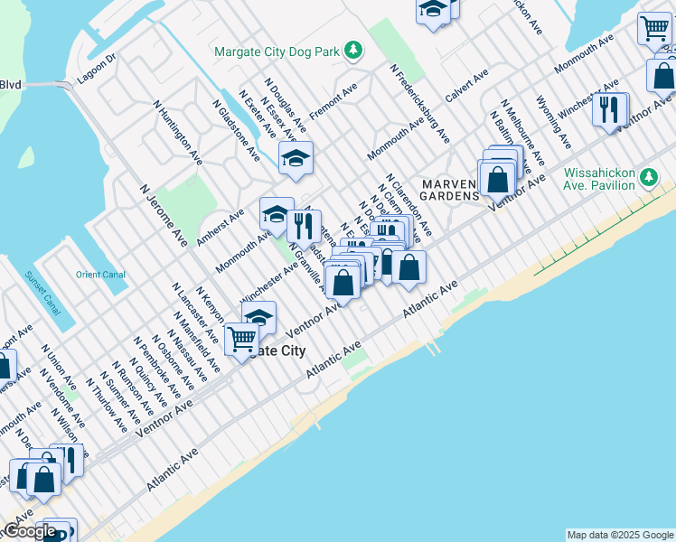 map of restaurants, bars, coffee shops, grocery stores, and more near 15 North Gladstone Avenue in Margate City