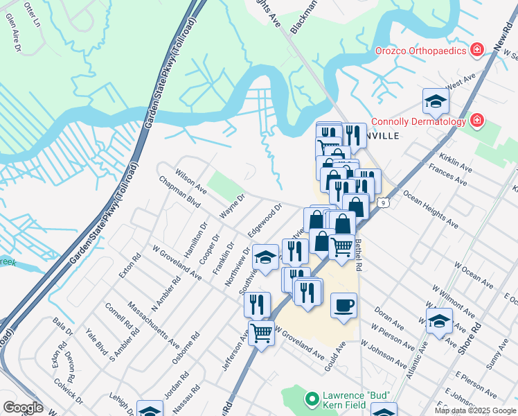 map of restaurants, bars, coffee shops, grocery stores, and more near 13 Crestmont Drive in Somers Point