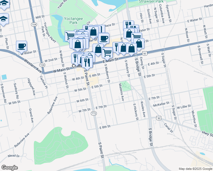 map of restaurants, bars, coffee shops, grocery stores, and more near 89 South Mulberry Street in Chillicothe