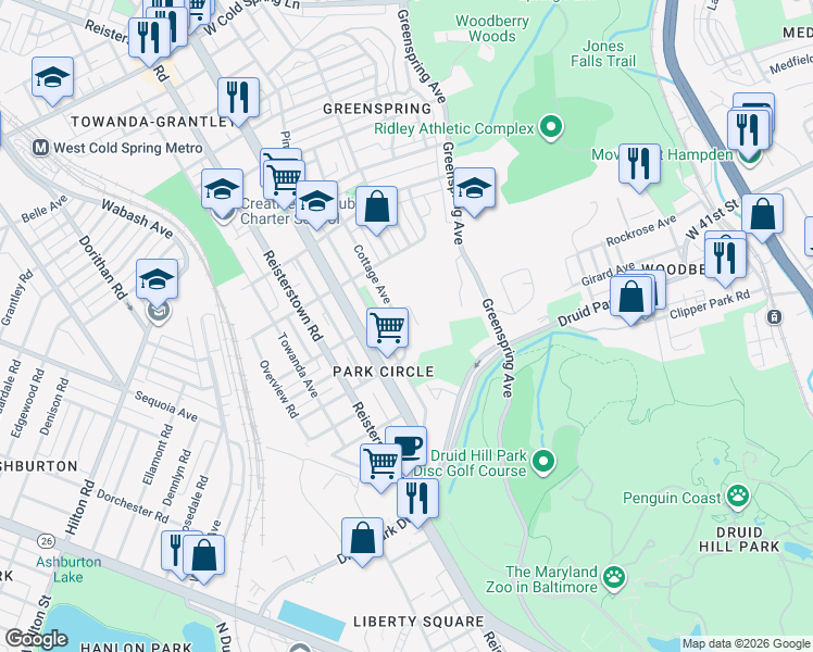 map of restaurants, bars, coffee shops, grocery stores, and more near 3645 Cottage Avenue in Baltimore