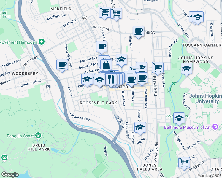 map of restaurants, bars, coffee shops, grocery stores, and more near 1117 West 36th Street in Baltimore