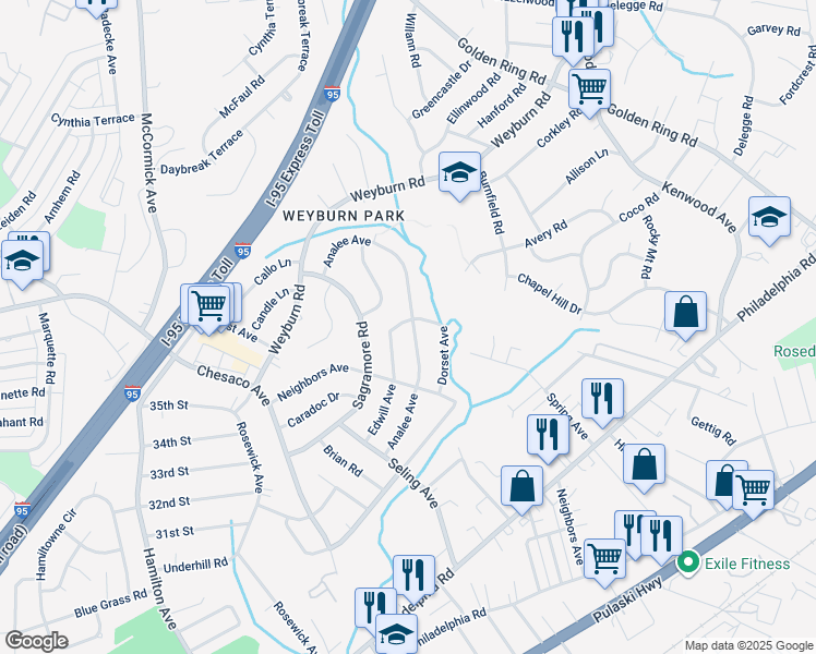 map of restaurants, bars, coffee shops, grocery stores, and more near 8220 Analee Avenue in Rosedale