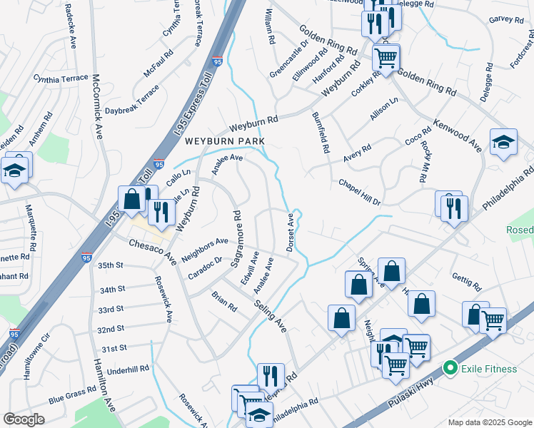 map of restaurants, bars, coffee shops, grocery stores, and more near 8220 Analee Avenue in Rosedale