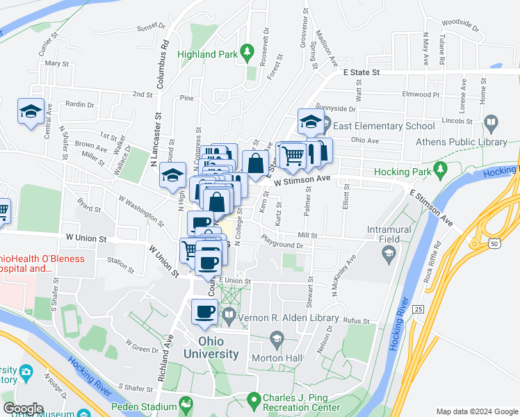 map of restaurants, bars, coffee shops, grocery stores, and more near 57E West State Street in Athens