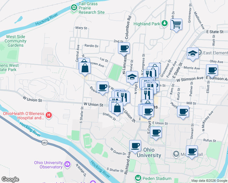 map of restaurants, bars, coffee shops, grocery stores, and more near 160 West Washington Street in Athens