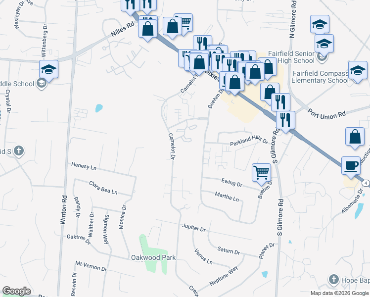 map of restaurants, bars, coffee shops, grocery stores, and more near 16 Merlin Drive in Fairfield