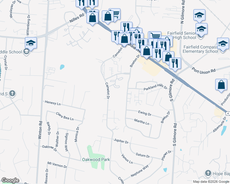 map of restaurants, bars, coffee shops, grocery stores, and more near 16 Merlin Drive in Fairfield